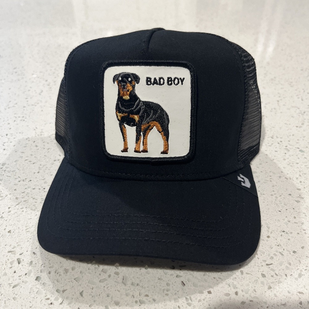 Goorin Bros All Black BAD BOY Dog Embroidered Patch Trucker Snapback‎ Hat NWT